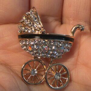 Baby Carriage Brooch Rhinestone Stroller Pram – 1.5” Tall
